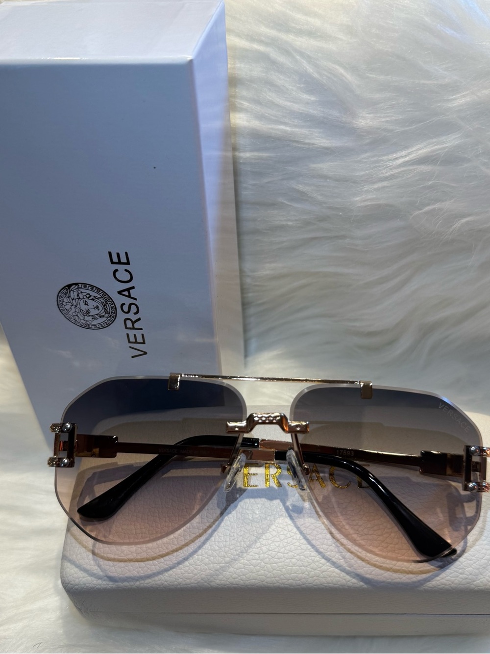 Versace Gradient Brown Rimless Aviator Sunglasses with Gold Accents